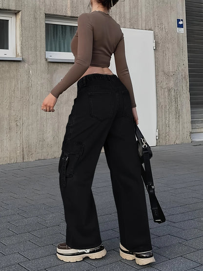 Overhead View of Flap Pockets on Women's Cargo Jeans for Trendy Storage Solutions