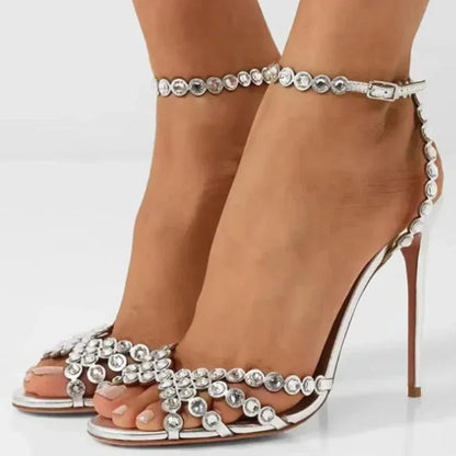 Party shot – transparent PVC silver rhinestone heels on model