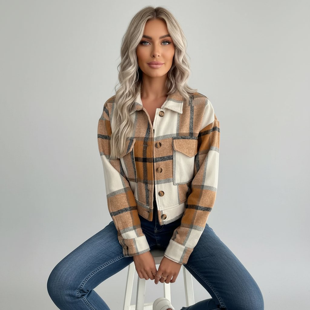 Karierte Button-Down Cropped Damen Jacke Stylischer Herbst