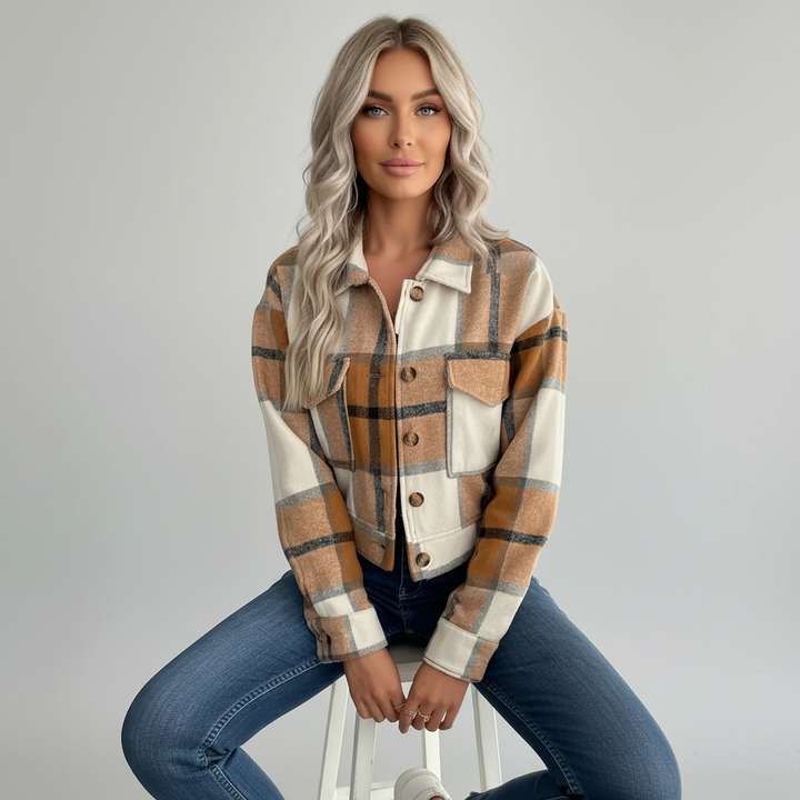 Karierte Button-Down Cropped Damen Jacke Stylischer Herbst