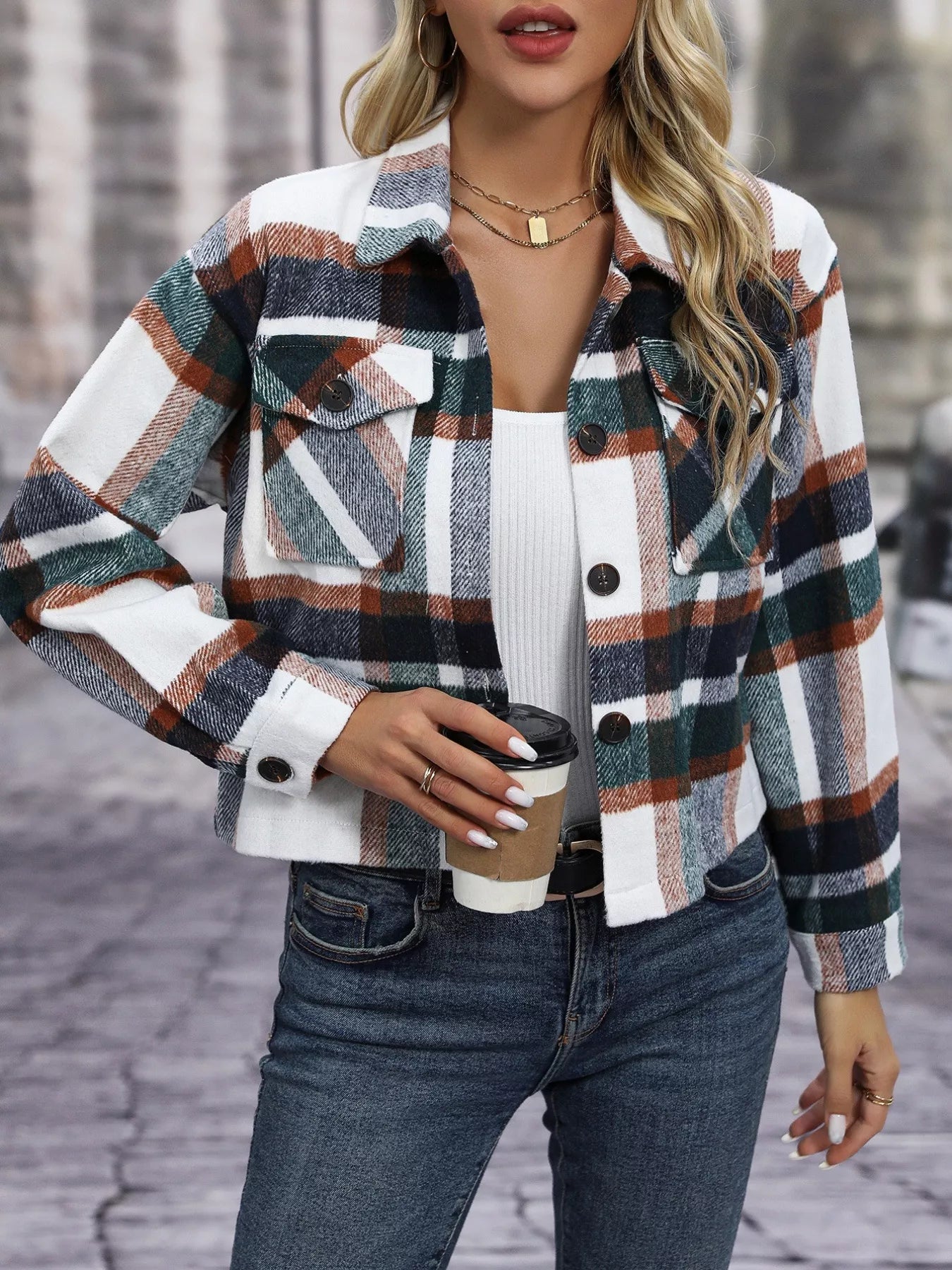 Plaid Oversized Button-Up Cropped Jacket – Layered over knit dress, day to night