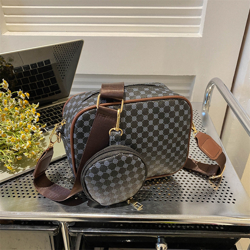 Plaid PU crossbody and mini bag duo with shoulder strap secure zip, medium hardness holds shape, perfect from desk to dinner.