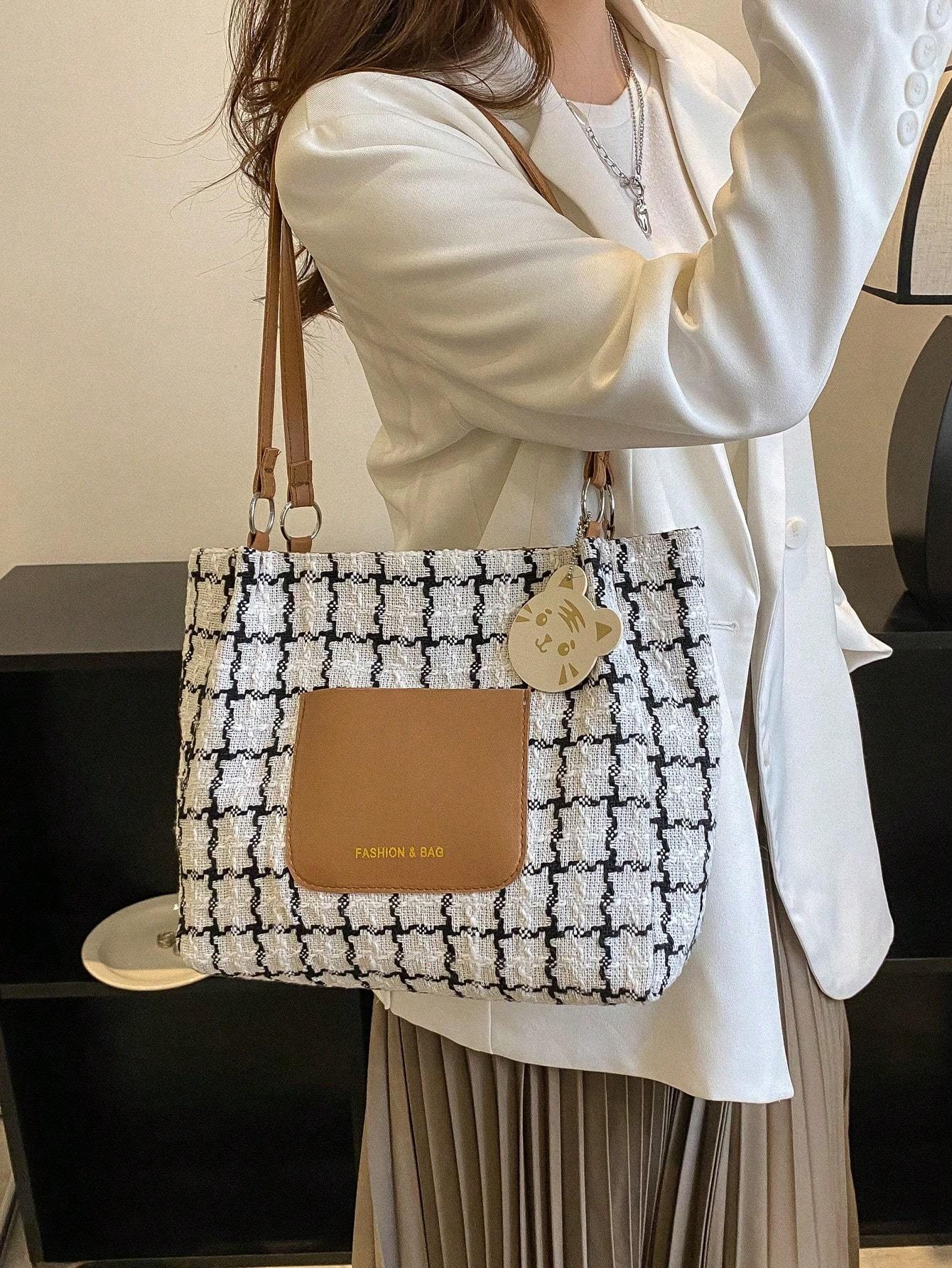 Plaid Shoulder Bag – Flat lay with daily essentials