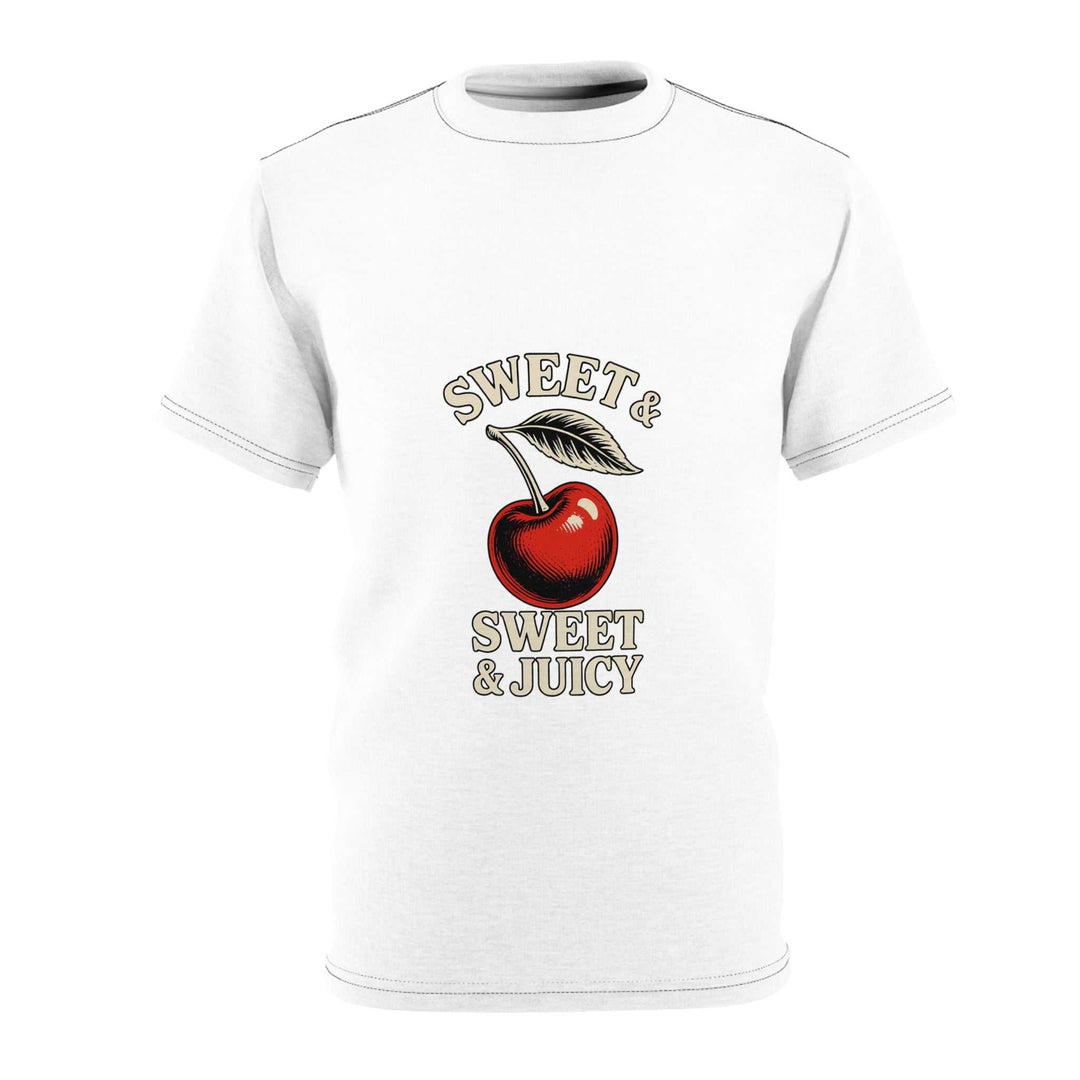 White unisex tee with red cherry and text design