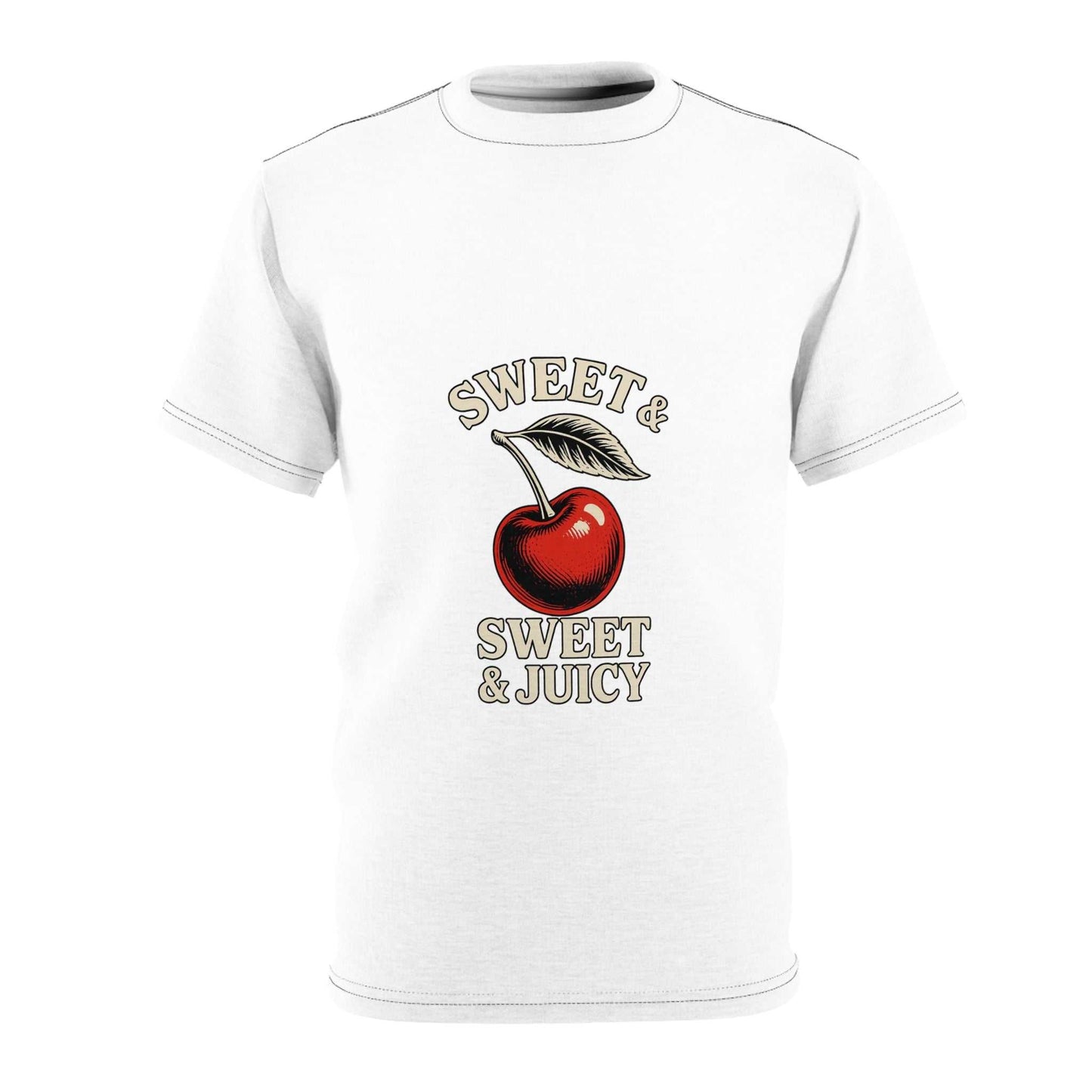White unisex tee with red cherry and text design