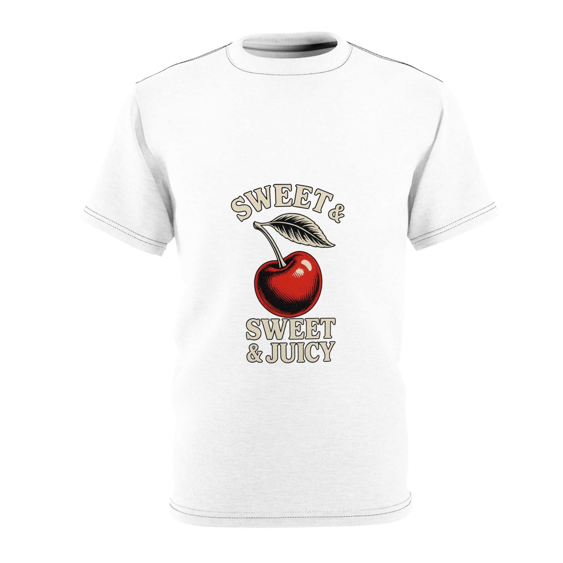 White unisex tee with red cherry and text design