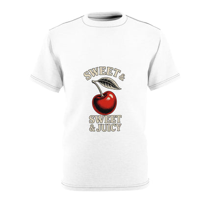 White unisex tee with red cherry and text design