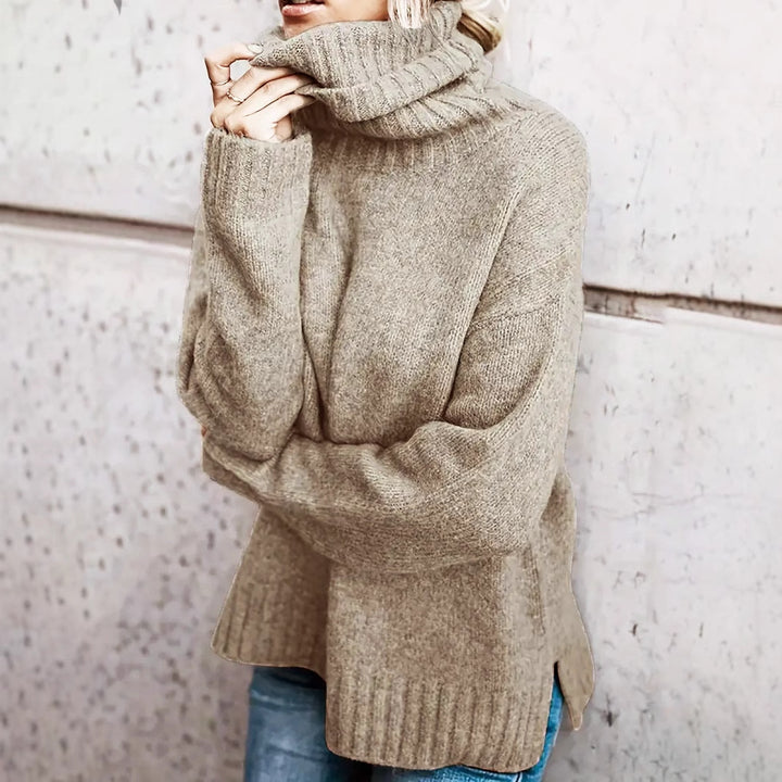 Plus-size solid khaki turtleneck sweater: long sleeve autumn essential in soft, durable polyester.