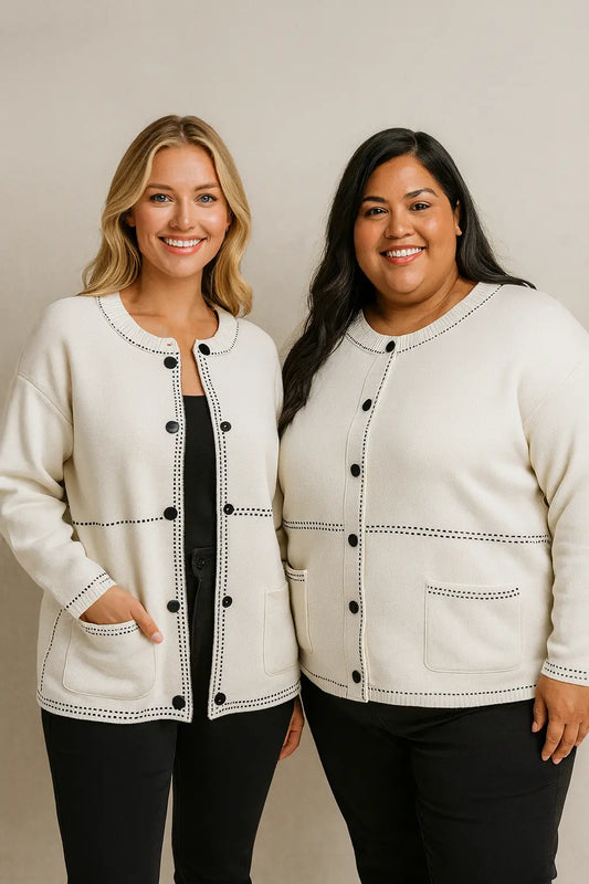 Plus size button up cardigan – cobalt blue, soft stretch knit, polished pockets, inclusive sizing S–5XL