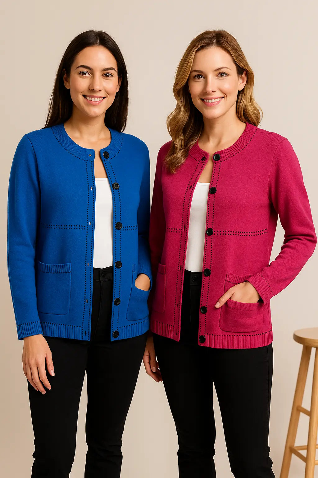 Plus size button up cardigan – cream knit with contrast stitching, long sleeve, easy-care layer for work to weekend