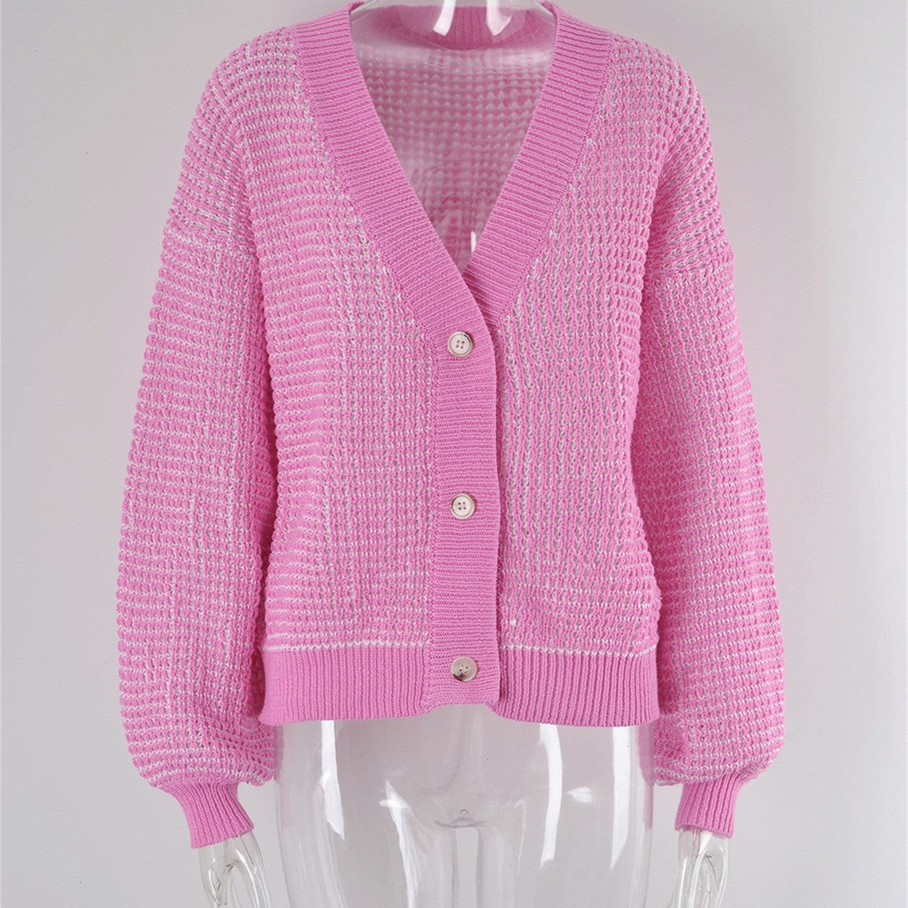 Plus size cardigan – chic pink jacquard knit with polished button placket