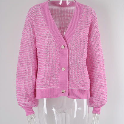 Plus size cardigan – chic pink jacquard knit with polished button placket