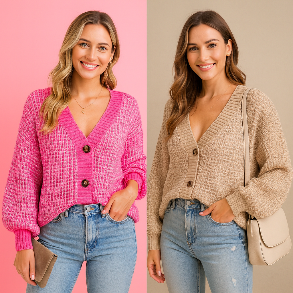 Plus size cardigan – pink jacquard button front with lantern sleeves for polished street style