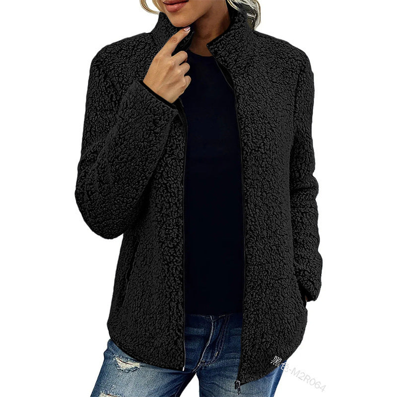 Plush Bubble Velvet Zip Sweatshirt – Black, Cardigan Style