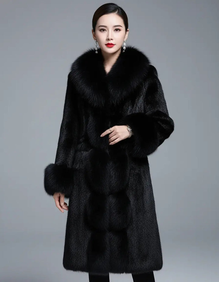 Plush black fleece coat for women with full-length coverage and long sleeves
