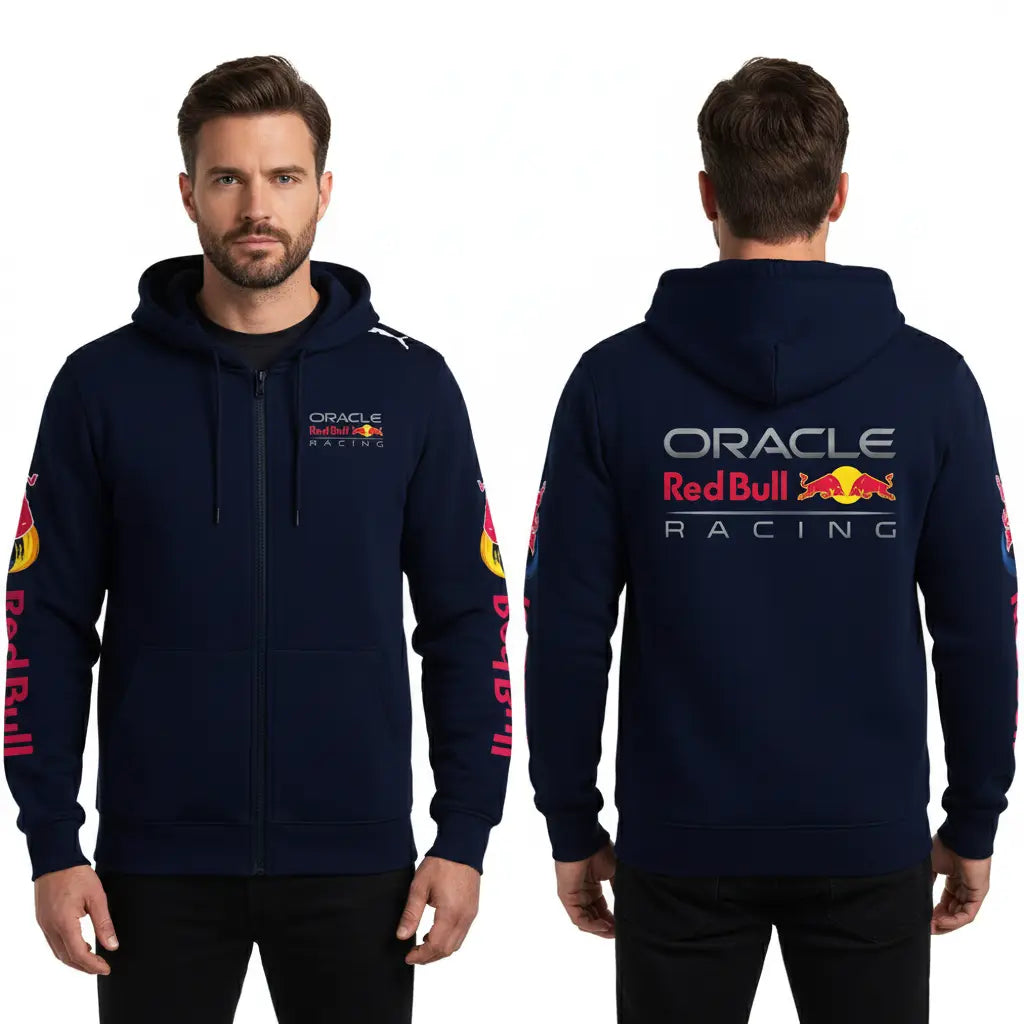 "Premium polyester Red Bull sweatshirt hood detail, adjustable drawstring and lining quality"
