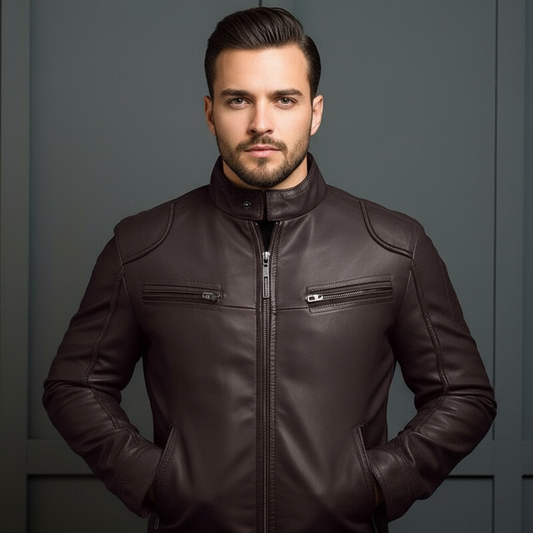 Purple men’s motorcycle leather jacket – bold stand collar look