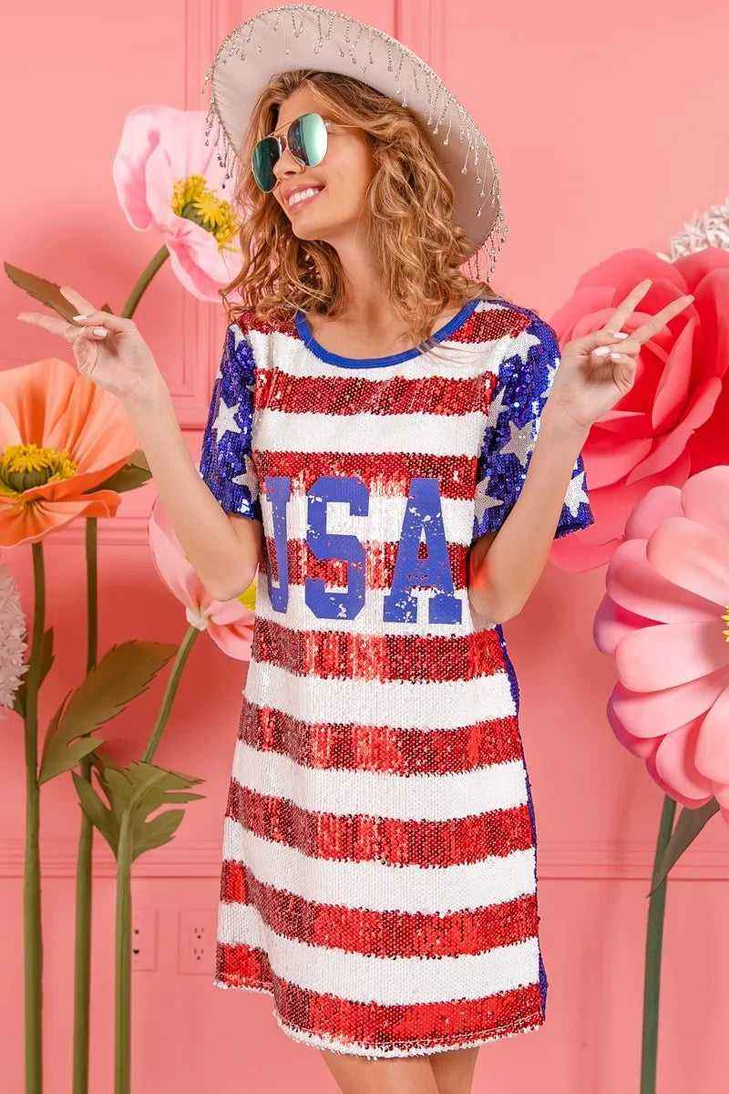 USA Flag Sequin Dress - Patriotic Sparkle for July 4th