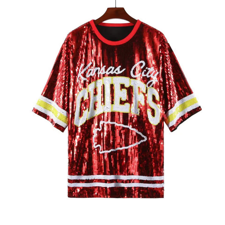 Red Bull Head on Pink Sequins Embroidery Dress – Loose Mid-Skirt Casual Party Wear