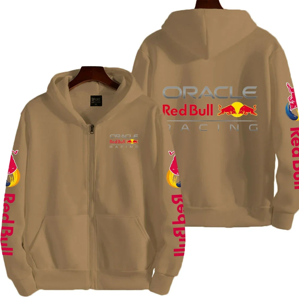 "Red Bull racing hoodie flat lay displaying full zipper, pockets, and solid pattern construction"

