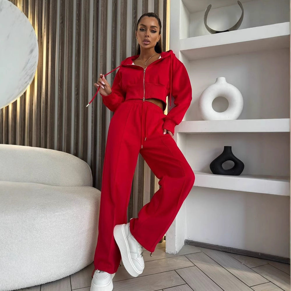 Red Cinched Hoodie Cotton Two-Piece – Bold Energy in Casual Street Fashion