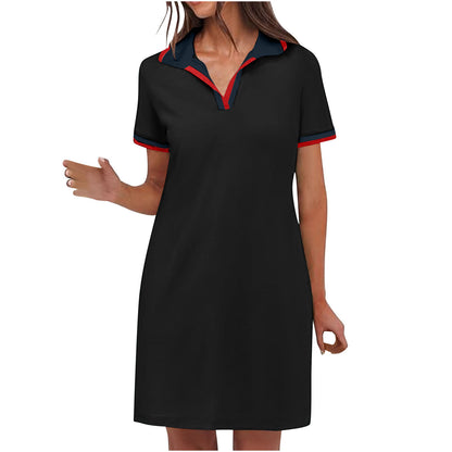 Red Short Sleeve V-Neck Casual Dress Women – Bold Spliced Design for Confidence