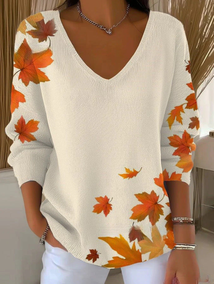Relaxed Pose in Oversized Printed Women's Gradient V-Neck Long Sleeve T-Shirt – Cozy Yet Edgy Silhouette