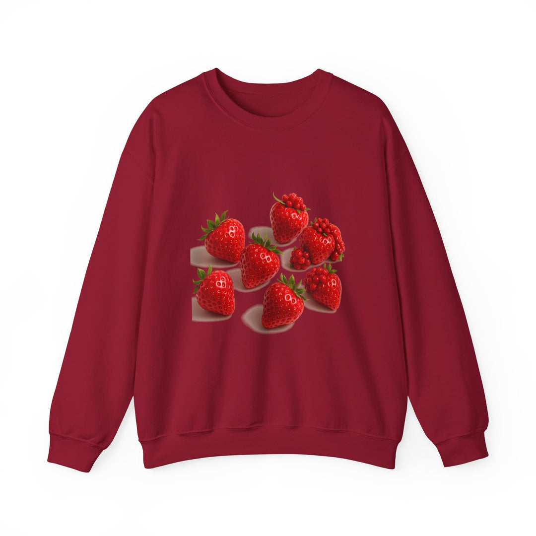 Relaxed fit strawberry print sweatshirts on models – perfect for chilly days

