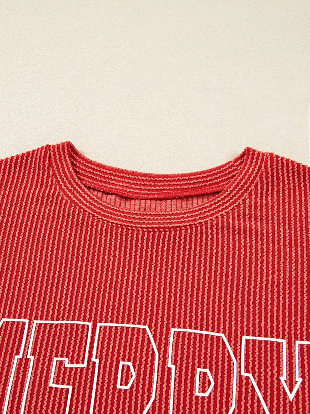 Ribbed Christmas top neckline detail – clean finish