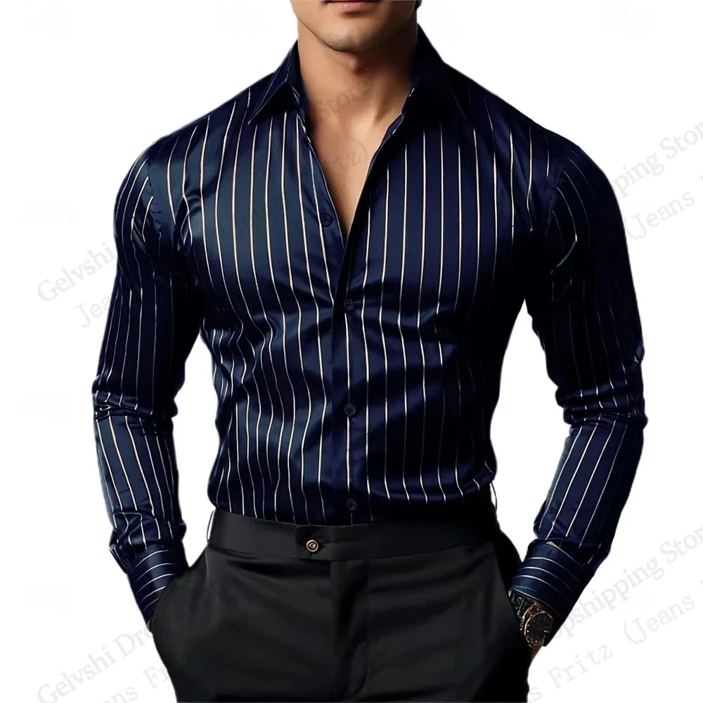 close up pearl buttons luxury satin striped shirt men
