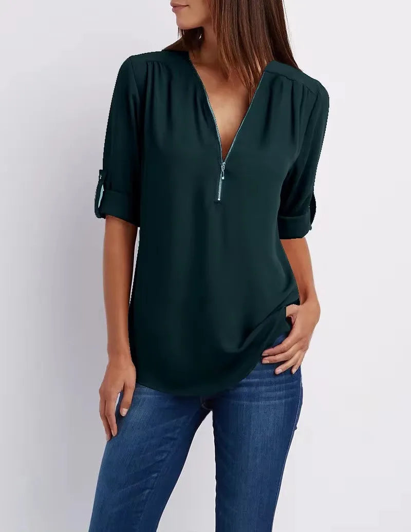 Women’s Deep V Neck Chiffon Blouse – Loose Longline