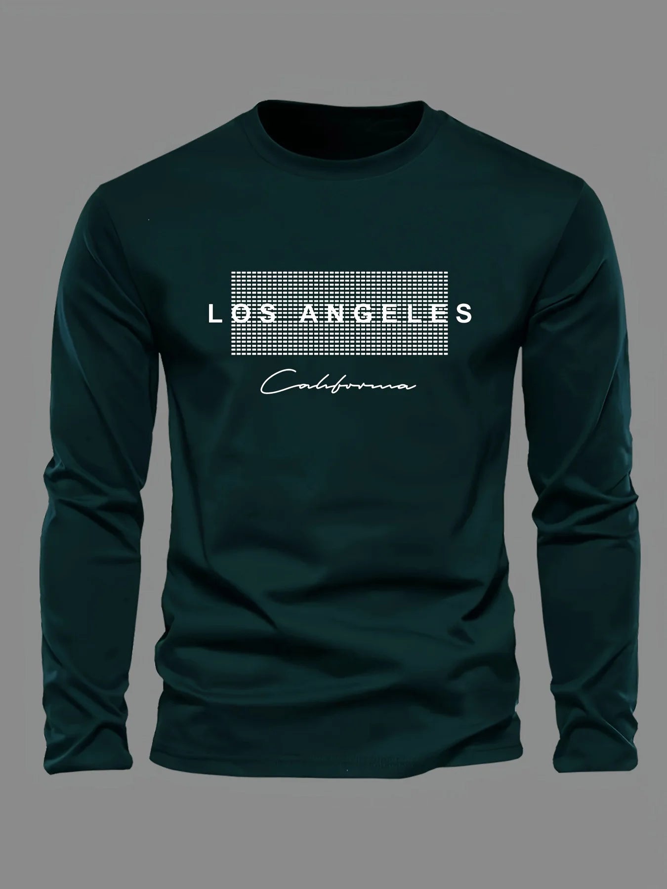 men's Los Angeles long sleeve tee front close-up showing crisp letter print and smooth knit, casual sports top for weekends
