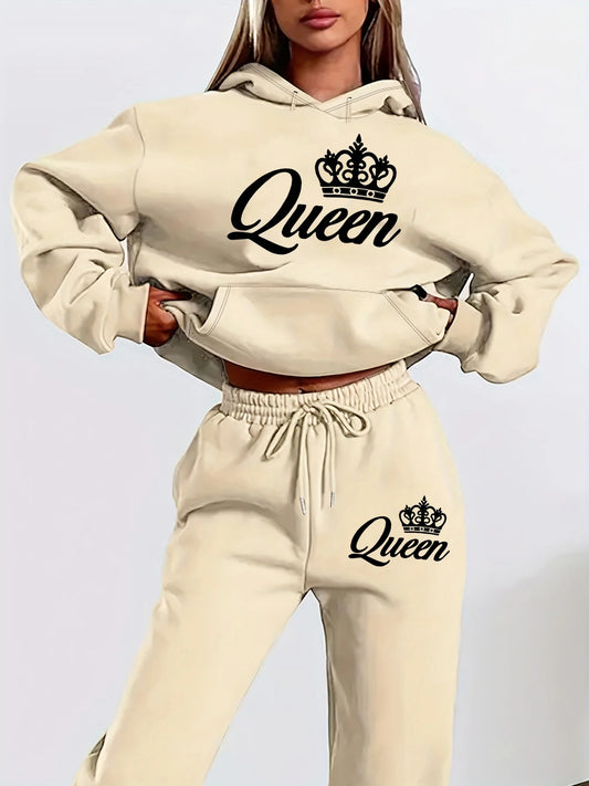 letter print hoodie set neutral tone hoodie featuring crown graphic matched with elastic waist joggers for lounge days

