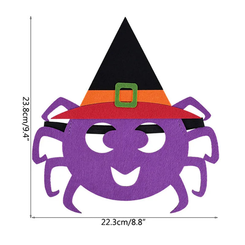 Purple spider felt mask with black witch hat; the source dimensions show width 22.3 cm or 8.8 in and height 23.8 cm or 9.4 in