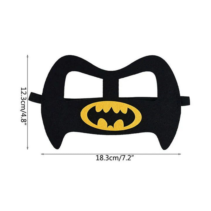 Black and yellow bat Halloween eye mask with elastic sides; dimensions show width 18.3 cm, 7.2 in and height 12.3 cm, 4.8 in.