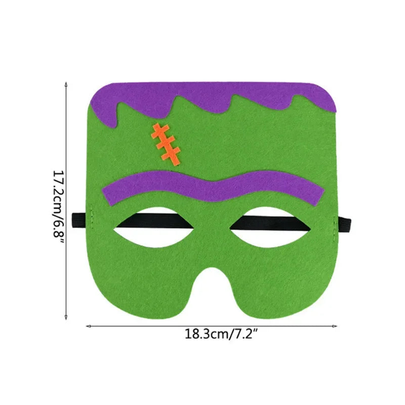 Green monster felt mask with purple hair, purple brow and orange stitch motif, shown with its source width and height labels.
