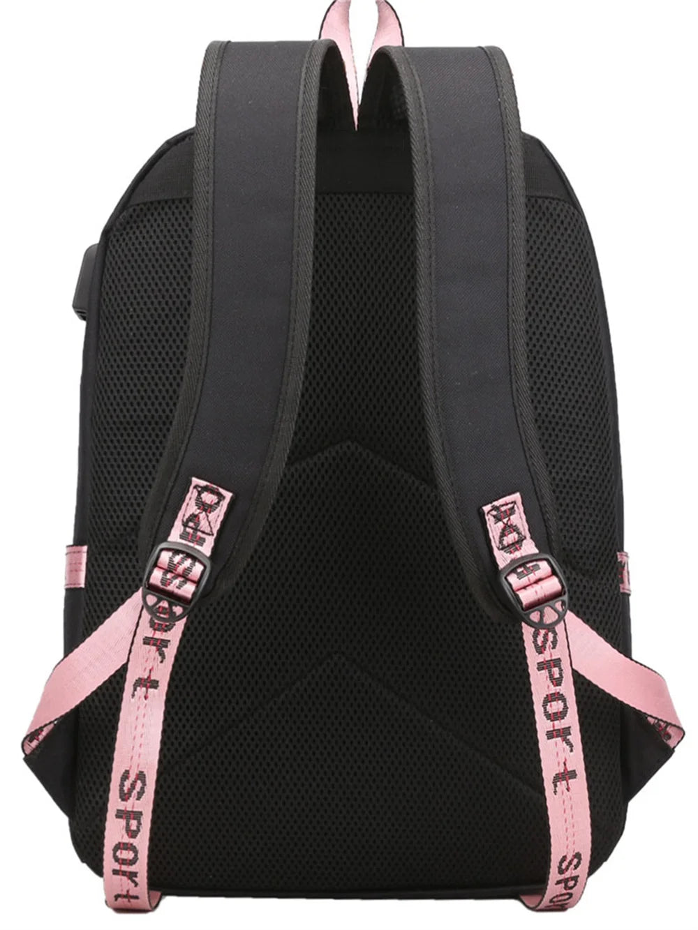 Rear view of the black bag showing its two shoulder straps, pink adjustment webbing, top handle and textured mesh back panel.
