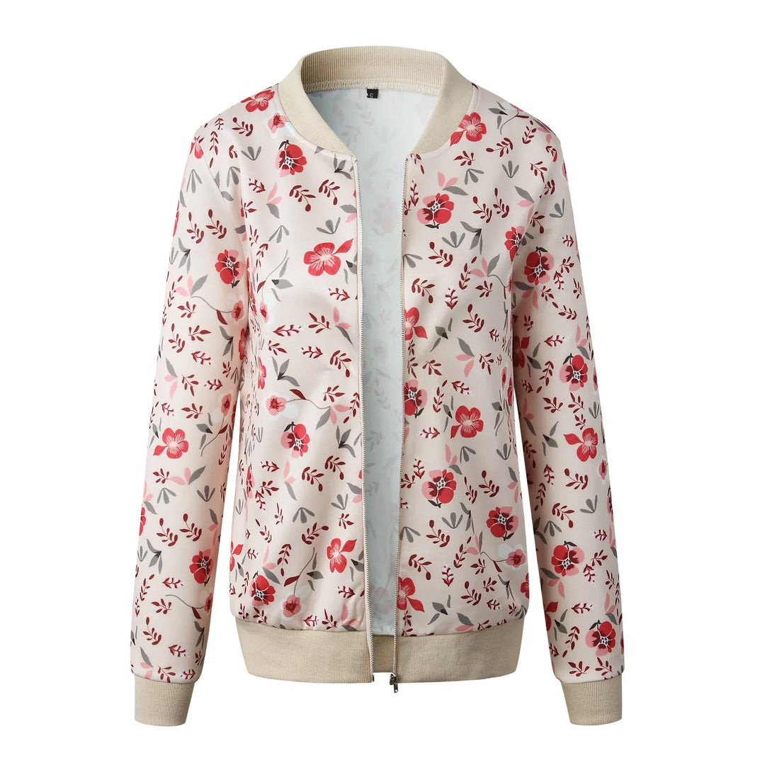 Pink floral bomber jacket front view on white, with small red flowers, grey leaves, beige cuffs and a full zipper on display.