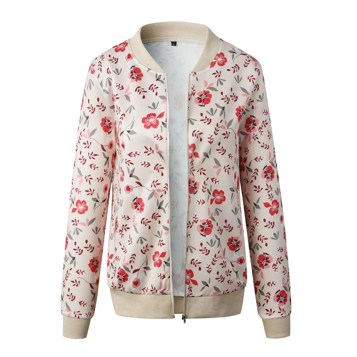 Pink floral bomber jacket front view on white, with small red flowers, grey leaves, beige cuffs and a full zipper on display.