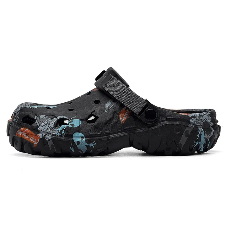 Black graffiti clog with a black strap, side view