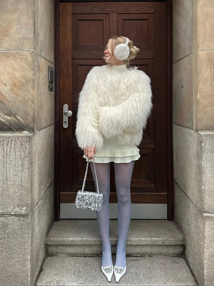 White Cropped Faux Fur Coat - Plush volume, clean-lined