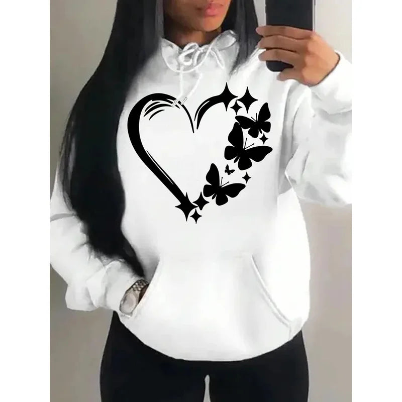 Cute butterfly hoodie women holding coffee casual campus streetwear outfit
