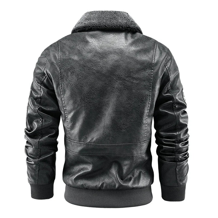Gray jacket back view showing the shoulder panels, long sleeves and ribbed cuffs and hem.