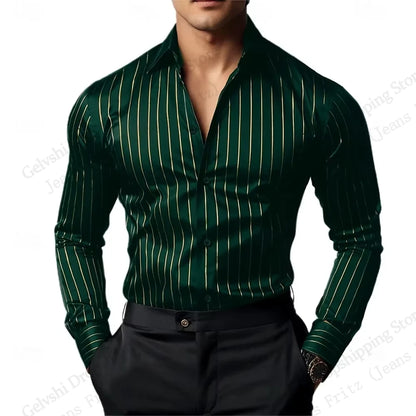 mens satin striped shirt worn untucked with jeans street style
