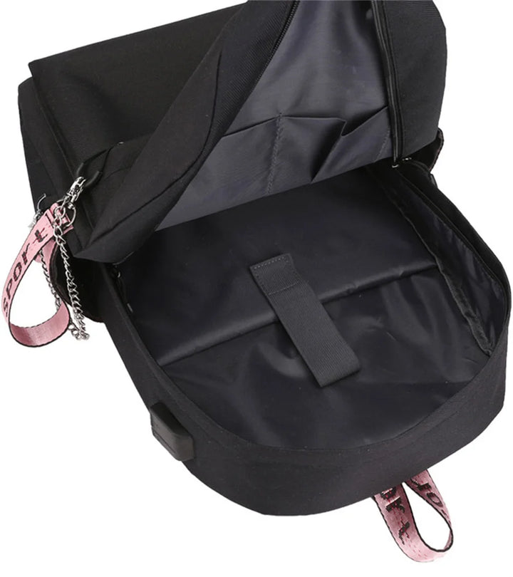 Open empty interior view of this black backpack, showing its separate lining compartment and the internal pocket arrangement.