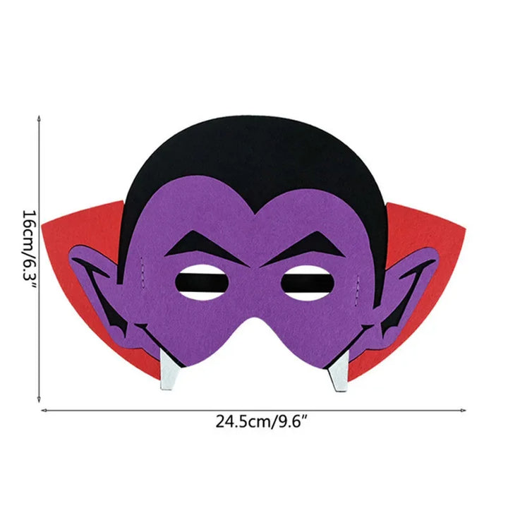 Purple vampire felt mask with black hair, red collar and fang details, shown with source width and height measurement labels.