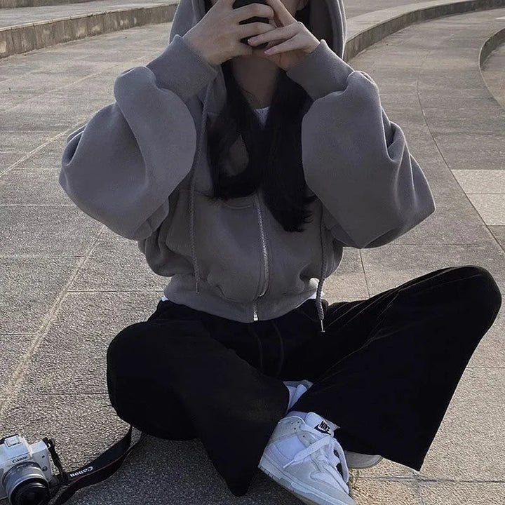 Grey cropped full zip hoodie shown on a model, with original details, retained for reference in the original product gallery.