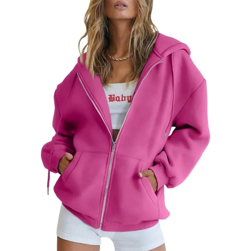 Rose red long sleeve full zip hoodie shown on a model, with its original details, retained from the original product gallery.