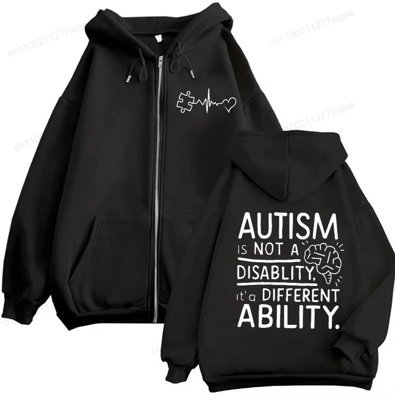 autism pride unisex jacket hooded sweatshirt different ability text front white casual polyester
