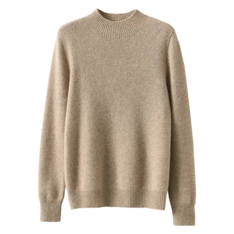 Half high collar women sweater cozy winter layering top in gray, stretch knit fabric drape shown with puffer jacket
